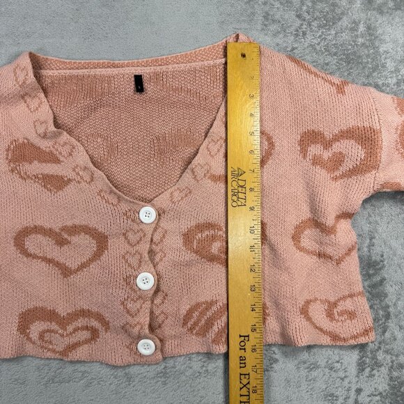 Y2K Pink Cropped Heart Cardigan Sweater Oversized Small Coquette Girlcore Cute - Picture 5 of 7
